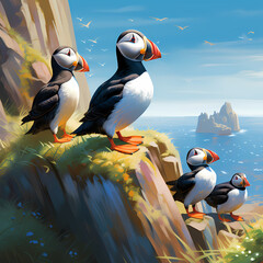 A group of puffins on a rocky cliff.