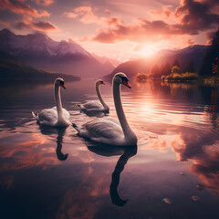 A group of swans swimming on a reflective lake