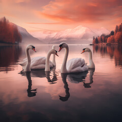 A group of swans swimming on a reflective lake