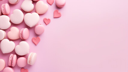 Obraz na płótnie Canvas Pink background with heart-shaped macarons