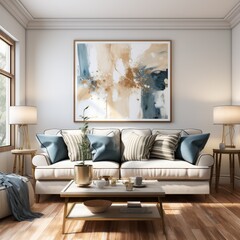 Well-lit Living Room with White Sofa, Abstract Painting, and Gold Accents