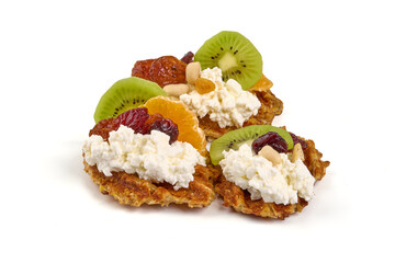 fresh desserts with cottage cheese with kiwi, isolated on white background.