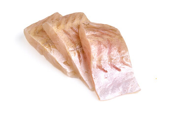 Marinated atlantic herring, sliced fish fillet, isolated on white background.