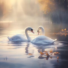 A pair of swans swimming in a calm lake.