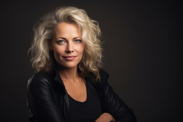 Obraz na płótnie Canvas Portrait of a beautiful blond woman in a black jacket on a dark background
