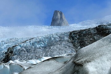  a steep rock spire in the sermeq glacier at the end of the tasermuit fjord on a sunny summer day near nanortalik, in southern greenland