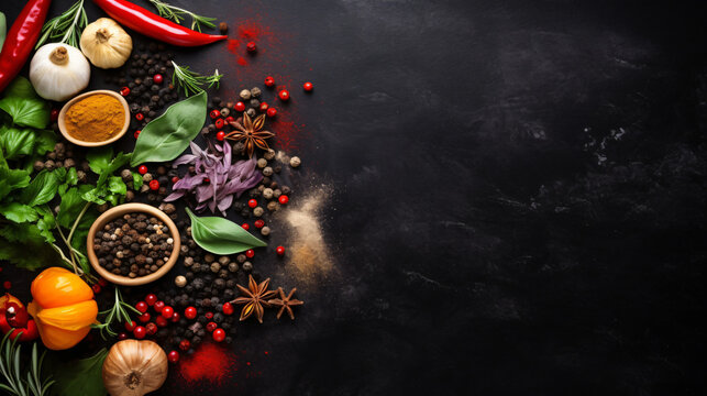 Food background on black. Herbs spices and utensil