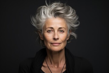 Portrait of a beautiful senior woman with grey hair on black background