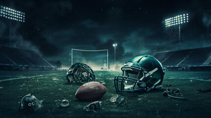 Football equipment on the field at night