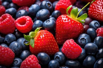 Obraz premium A pile of strawberries, there are several raspberries and blueberries.
