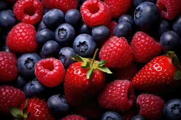 A pile of strawberries, there are several raspberries and blueberries.