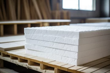 Fotobehang Sheets of expanded polystyrene for house thermal insulation during constructions © kardaska