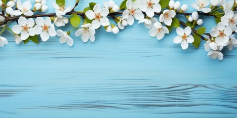 Spring background with white flowers on wooden background.