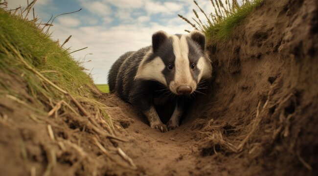 Shot of badger resting at entrance hole burrow mouth