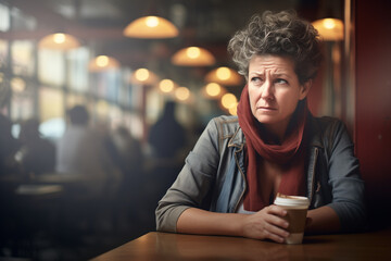Femme de 50 ans pensive et triste à la table d'un café en journée, questions économique, dépression, divorce et solitude - obrazy, fototapety, plakaty