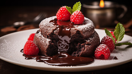 A decadent chocolate lava cake with a gooey center. - obrazy, fototapety, plakaty