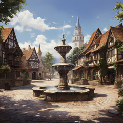 Peaceful village square with a charming fountain.