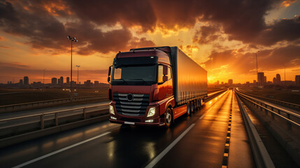 A Details of Dark Semi Truck on the Road on Blured Truck and Trailer on Blurry Background