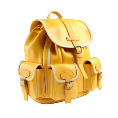 3D cute yellow backpack with pockets isolated on transparent or white background, png - obrazy, fototapety, plakaty