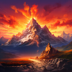 A rocky mountain peak against a fiery sunset.