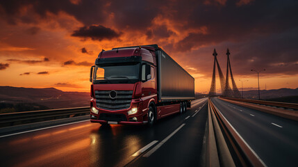 Truck on the Road At Sunseut of Golden Hour on Blurry Background - obrazy, fototapety, plakaty