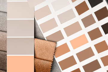 a variety of fabrics with a color palette. New trending PANTONE Peach Fuzz color of 2024 year - 690564136