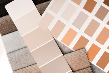 a variety of fabrics with a color palette.New trending PANTONE Peach Fuzz color of 2024 year