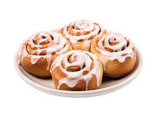 A white-background photo of freshly baked cinnamon rolls with icing. 
