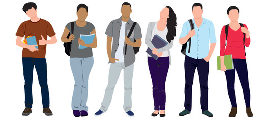 Fototapeta premium Group of multiracial and multicultural college students. Young girls and boys holding books, standing and walking to university. Vector realistic illustration on isolated white background