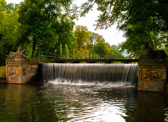 Smooth and silky waterfall on a parc with trees in the background