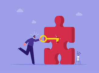 Completing Project Metaphor Vector Illustration, unlocking solutions, Solving the puzzle, Key to success, businessman holding a golden key into a puzzle
