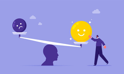 Emotional balance and harmony concept, businessman balanced bad and good emotions, unstable mental state and tight emotion control