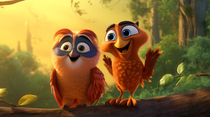 Fototapeta premium two owls sitting on a branch two owls on a tree AI generated cartoon illustration of two owls perched on a tree branch in intricate patterns