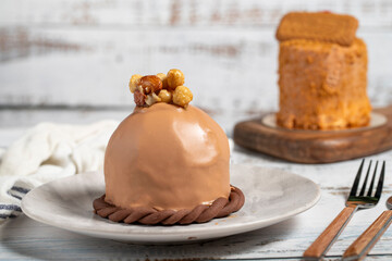Chocolate cake. Delicious cream cake on a white background