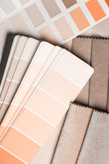 a variety of fabrics with a color palette. New trending PANTONE Peach Fuzz colour of 2024 year - 690565553