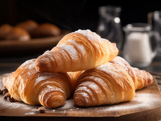 Flaky and buttery croissants dusted with powdered sugar on a transparent background.