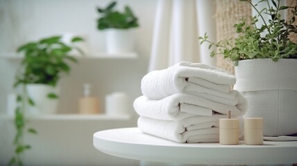 Fototapeta na wymiar bathroom furniture in white with white towels and plants. Generative in ai