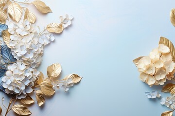 Obraz premium Hydrangeas branches on elegant pastel background. Wedding invitations, greeting cards, wallpaper, background, printing, poster, social ads, banner