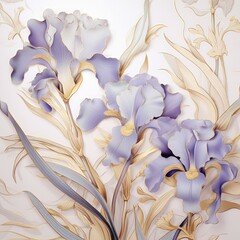 Golden iris branches on elegant pastel background. Wedding invitations, greeting cards, wallpaper, background, printing, poster, social ads, banner
