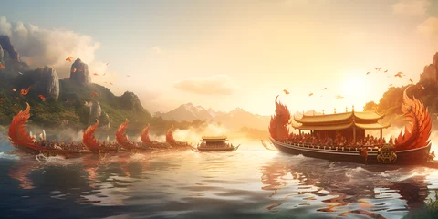 Gartenposter Sonnenuntergang am Strand sunset over the river, Traditional Chinese boats float on the river against the backdrop of nature, green mountains, village. Dragon Boat Festival. Travel Concept, World, China. Dragon generative ai. 