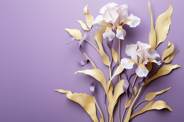 Golden iris branches on elegant pastel background. Wedding invitations, greeting cards, wallpaper, background, printing, poster, social ads, banner
