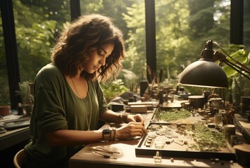Crafting Jewelry: A Young Woman Engaged in Precise Work at a Serene Desk