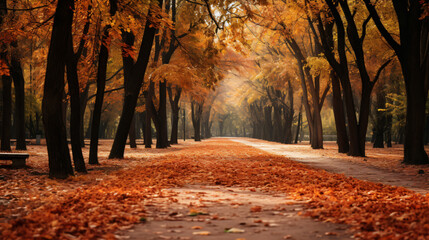 A path covered with leaves in park autumn season