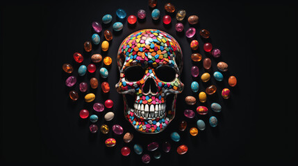 A skull with ecstasy pills or tablets with mdma