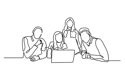 single line drawing of a group of businessmen and women working together in an office room. continuous line drawing of working people together in the office. Business team and teamwork concept. 