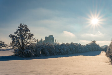 Snowy and beautiful winter landscape in Waldburg in Upper Swabia