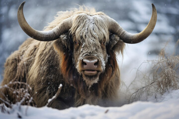 Majestic musk ox with frosty breath in a snowy habitat, showcasing wildlife in winter. - obrazy, fototapety, plakaty