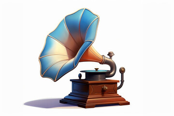 Elegant vintage phonograph with a blue gradient horn, embodying classic music era. Ideal for retro design, music themes, and historical references.