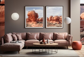 Cozy Living Room with L-Shaped Pink Sofa and Desert-themed Wall Art