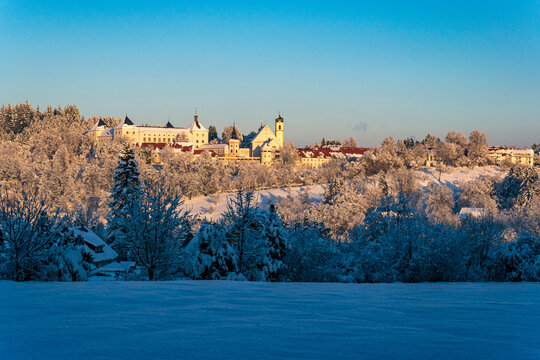 Snowy and beautiful winter landscape in Wolfegg in Upper Swabia